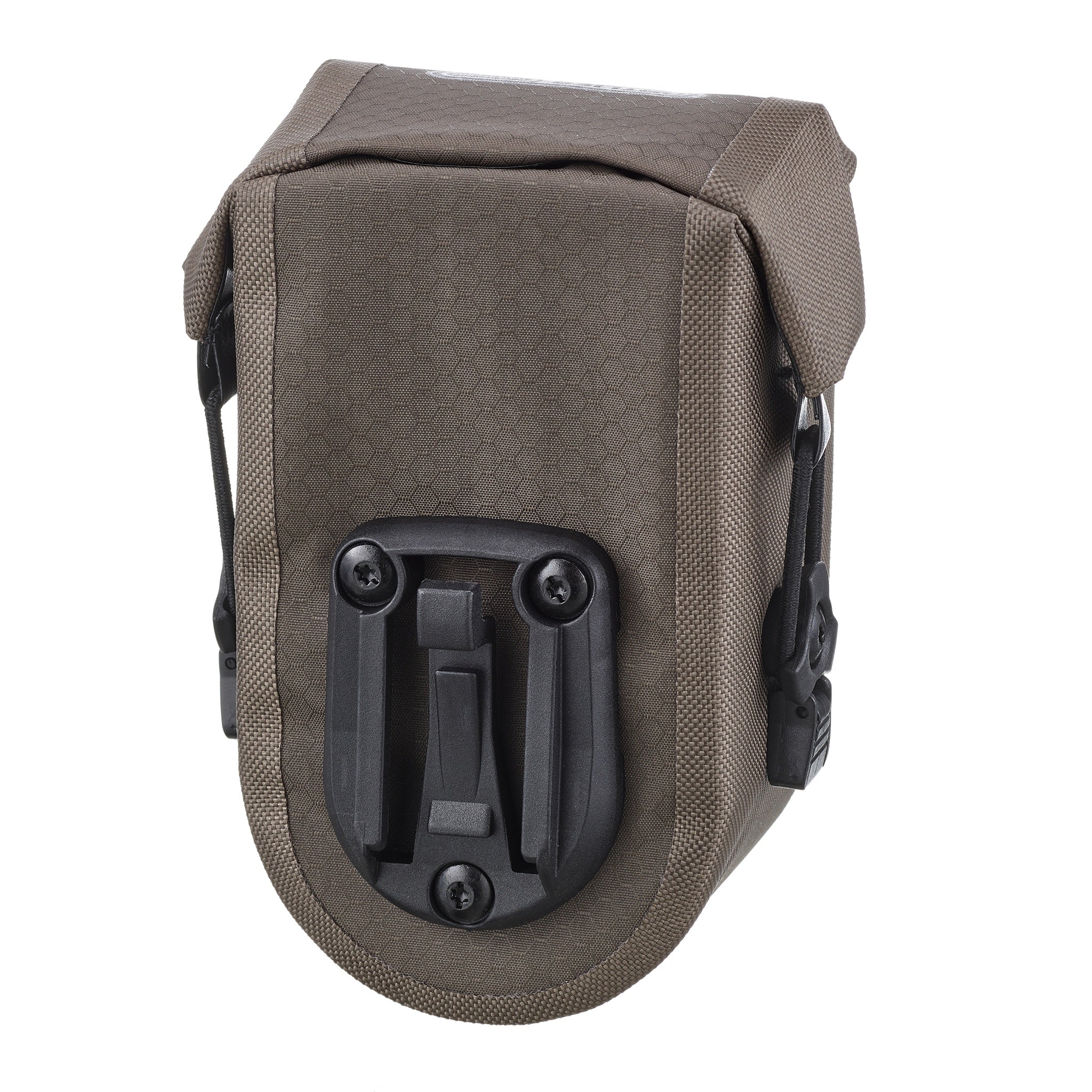 Rückansicht der ORTLIEB Micro-Bag 0.5L in dark sand mit Adapterhalterung
