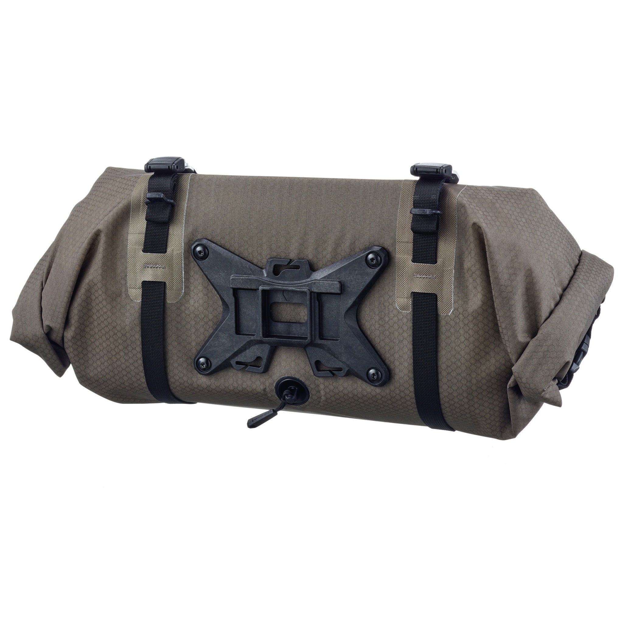 Rückansicht des ORTLIEB Handlebar-Pack Flex in dark-sand mit Kunststoffversteifung und Halterung