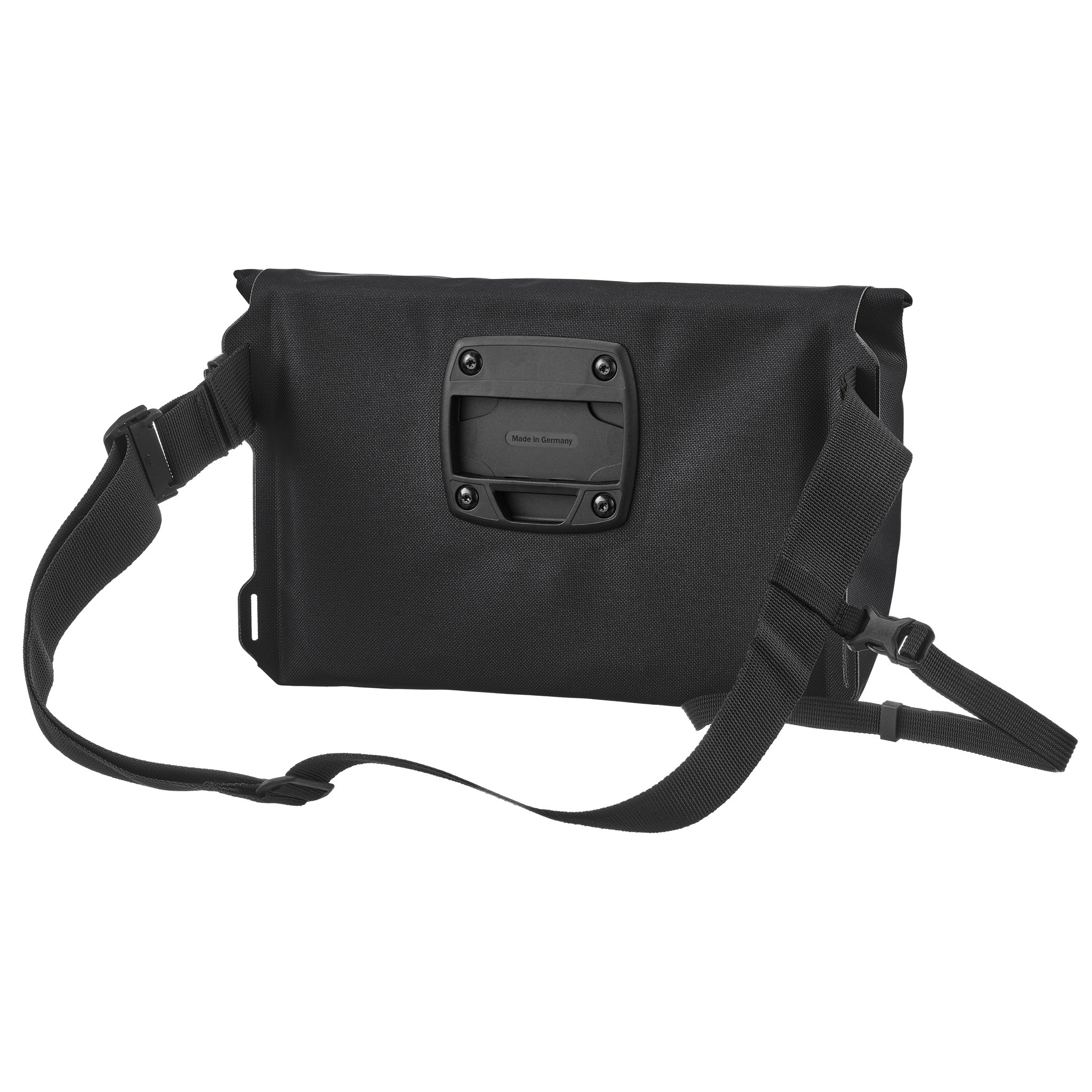 Rückseite der ORTLIEB Velo-Sling Flex in black mit Halterungsplatte und Gurt