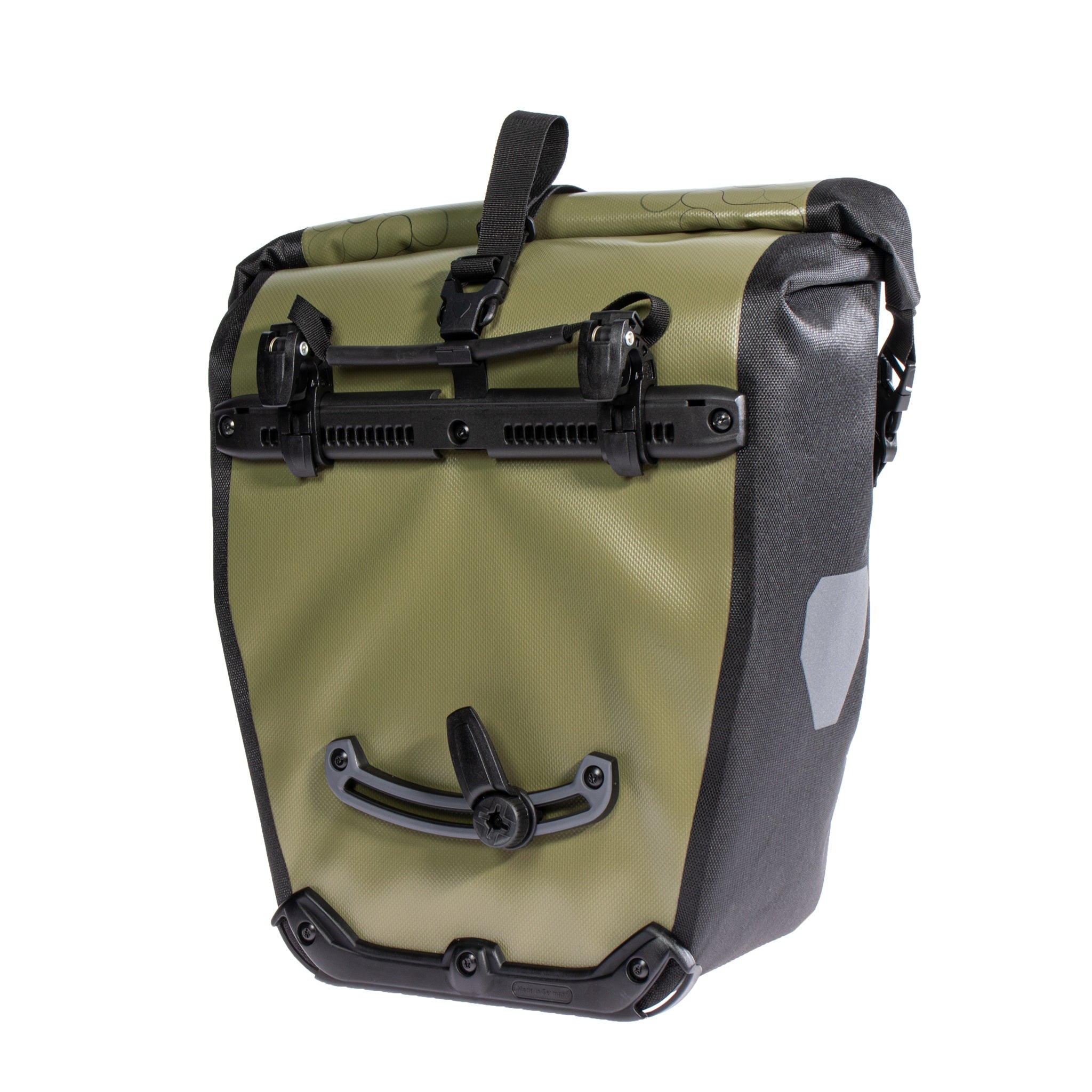 Rückansicht der ORTLIEB Back-Roller Design Tasche in camouflage-olive mit Quick-Lock2.1 System