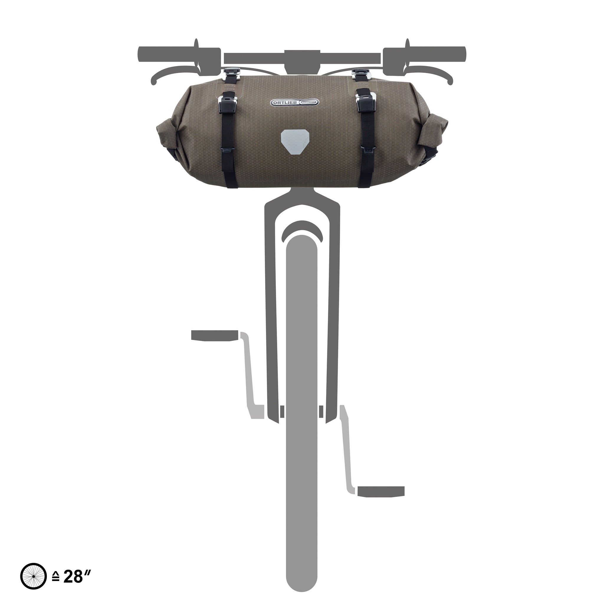 Darstellung des ORTLIEB Handlebar-Pack Flex in dark-sand montiert am Fahrradlenker