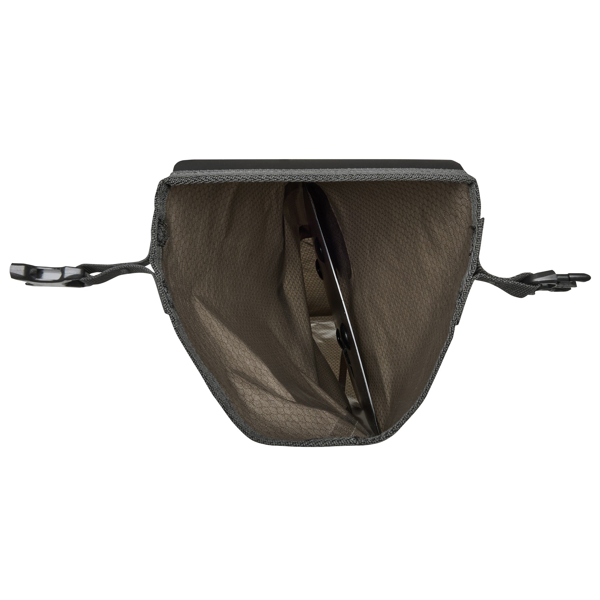 Innenansicht des ORTLIEB Handlebar-Pack Flex in dark-sand mit verstärkter Struktur und wasserdichtem Gewebe
